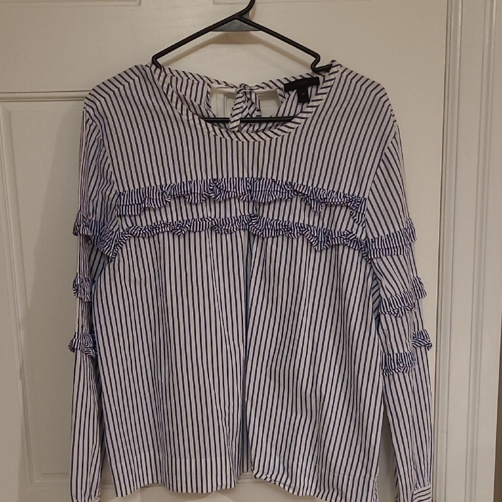 J Crew, Blue And White Striped Ruffle Long Sleeve Top, Sz 14